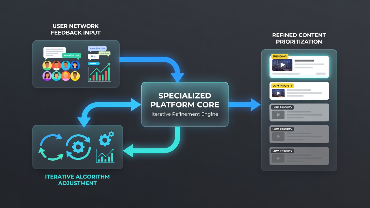 Flowchart depicting iterative refinement stages in platform content prioritization systems